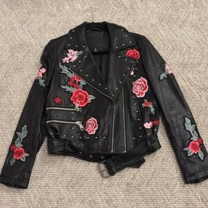 Belle Vere black leather motorcycle jacket with embroidered flowers size S